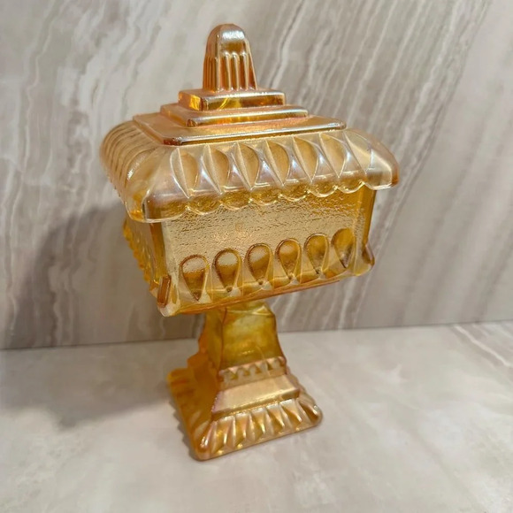 Vintage Candy Dish Iridescent Carnival Glass Lidded Pedestal Wedding Cake Box - Picture 5 of 8